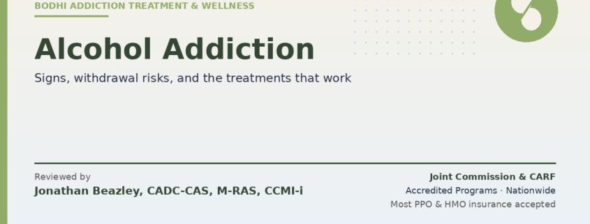 Alcohol addiction signs, dangerous withdrawal, FDA-approved medications, and evidence-based treatment from Bodhi. Reviewed by Jonathan Beazley, CADC-CAS. Joint Commission and CARF accredited programs.