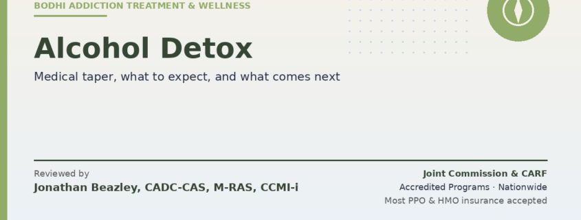 Alcohol detox medical taper, length, and what happens after from Bodhi. Reviewed by Jonathan Beazley, CADC-CAS. Joint Commission and CARF accredited programs.