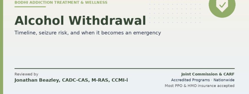 Alcohol withdrawal timeline, seizure and DT risk, and when to seek medical detox from Bodhi. Reviewed by Jonathan Beazley, CADC-CAS. Joint Commission and CARF accredited programs.