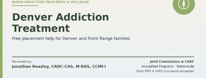 Denver and Front Range addiction treatment placement help — Bodhi consultants, Joint Commission & CARF accredited programs nationwide. Reviewed by Jonathan Beazley, CADC-CAS, M-RAS, CCMI-i.