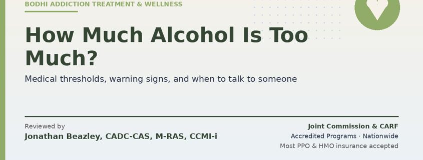 How much alcohol is too much — medical thresholds, warning signs, and when to ask for help from Bodhi. Reviewed by Jonathan Beazley, CADC-CAS. Joint Commission and CARF accredited programs.