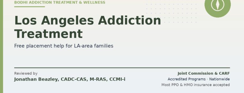 Los Angeles addiction treatment placement help — Bodhi consultants, Joint Commission & CARF accredited programs nationwide. Reviewed by Jonathan Beazley, CADC-CAS, M-RAS, CCMI-i.