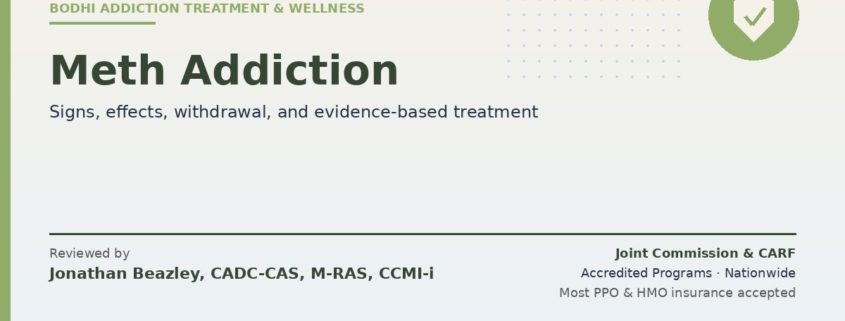 Methamphetamine addiction explained — signs, effects, withdrawal, and evidence-based treatment from Bodhi. Reviewed by Jonathan Beazley, CADC-CAS. Joint Commission and CARF accredited programs.