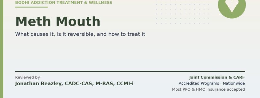 Meth mouth causes, reversibility, and combined dental and addiction treatment from Bodhi. Reviewed by Jonathan Beazley, CADC-CAS. Joint Commission and CARF accredited programs.