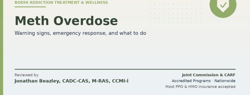 Meth overdose warning signs, emergency response, and what to do after a survived overdose from Bodhi. Reviewed by Jonathan Beazley, CADC-CAS. Joint Commission and CARF accredited programs.