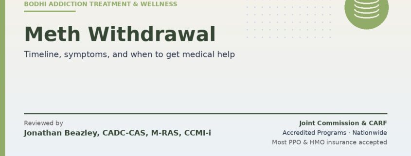 Methamphetamine withdrawal timeline, peak symptoms, and warning signs requiring medical care from Bodhi. Reviewed by Jonathan Beazley, CADC-CAS. Joint Commission and CARF accredited programs.