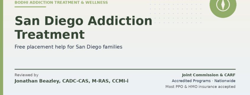San Diego addiction treatment placement help — Bodhi consultants, Joint Commission & CARF accredited programs nationwide. Reviewed by Jonathan Beazley, CADC-CAS, M-RAS, CCMI-i.